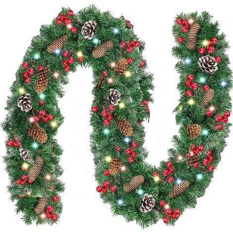 Beleuchtete Weihnachtsgirlande mit Lichtern, Blumen und Kugeln, Weihnachtsgirlande für die Innen- und Außendekoration, Kamin, Treppenhaus, rot (1/5)