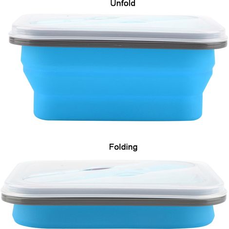 Boîte repas pliable en silicone bleu 600ml, bol portable réutilisable, conteneur alimentaire pliable pour camping et voyage (1/5)