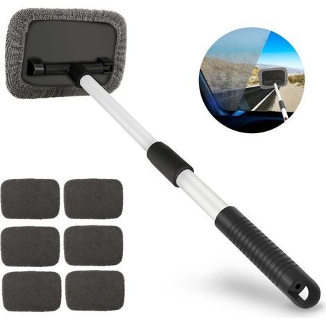 Brosse de nettoyage pour voiture – Nettoyeur de pare-brise avec poignée télescopique – 6 tampons microfibre réutilisables – Tête pivotante 180° (1/4)