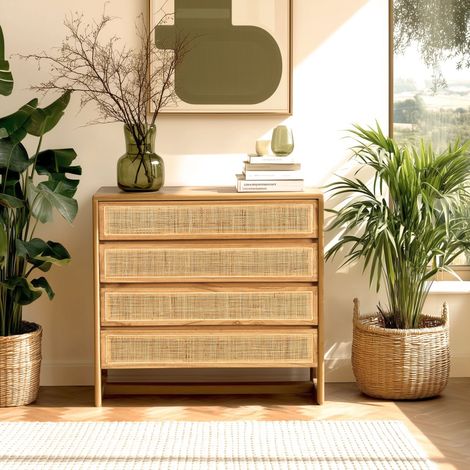 AMY - Commode 4 tiroirs 90cm en bois de mindi et rotin naturel (1/5)
