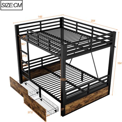 Lit superposé en métal avec tiroirs, lit enfant gain de place avec rangement (140x200 cm), échelle et barrière de sécurité incluses, noir. (1/5)