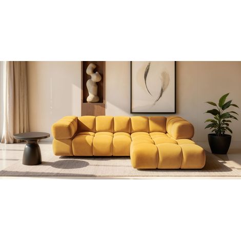 Ecksofa Designersofa BLANCHE in Stoff Bluvel Goldgelb Ottomane Rechts
