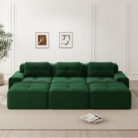 Divano angolare modulare in velluto a coste verde con funzione letto e 3 pouf, seduta profonda 74 cm (1/5)