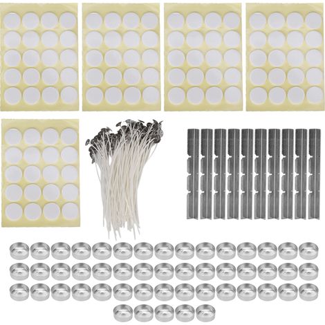 260 mèches bougie 15cm, 100 stickers adhésifs double face, 50 coques bougie, 10 porte-mèches inox, coques aluminium jaune 14g (1/5)