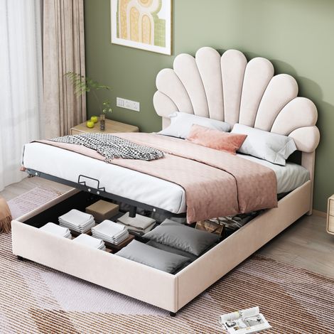Lit 140x200 – Motifs floraux – Sommier lattes – Hydraulique – Velours beige – Junior double (1/5)