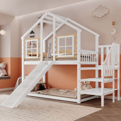 Letto a castello 90x200cm Peso 62.5kg scivolo scale barriera legno e MDF bianco naturale camera bambini (Senza materasso) (1/5)