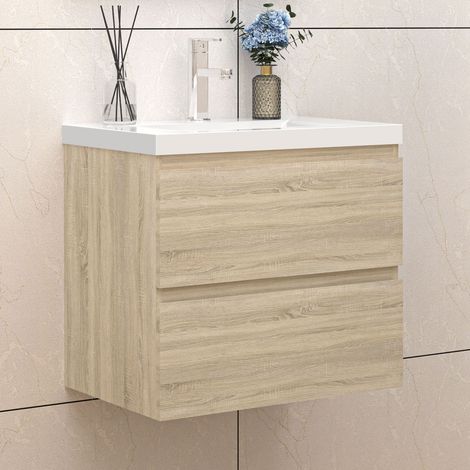 Badezimmer Badmöbel-Set 60cm Unterschrank mit Weiß Mineralguss waschtisch 2 Schubladen Eiche Matt soft close Selbstmontierter (1/5)