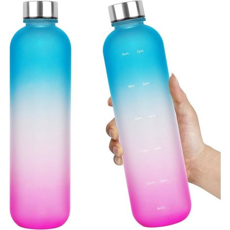 2 botellas de agua deportivas esmeriladas de 946 ml (32 oz)，con marca de tiempo，color rosa，ideales para gimnasio，ciclismo y camping (1/5)