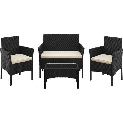 Homevive Conjunto de Conversación de 4 Piezas Muebles de Ratán de Jardín, Sofá de 2 Plazas, 2 Sillones con Cojines y 1 Mesa de Tablero de Vidrio, para Patio Terraza, Negro/Beige (1/5)