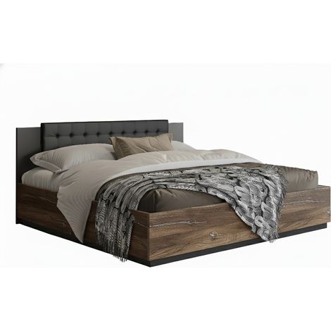 Cama Felelie 104, Roble Flagstaf oscuro + Plata, Doble, 180x200, Aglomerado laminado, Somieres, 186x205x90cm (1/5)