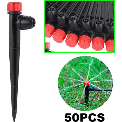 (50 pièces BL et 8 trous) Émetteur d'irrigation goutte à goutte réglable sur piquet avec micro-buse de pulvérisation à 360° pour l'arrosage des cultures, jardins, pelouses et légumes (1/5)