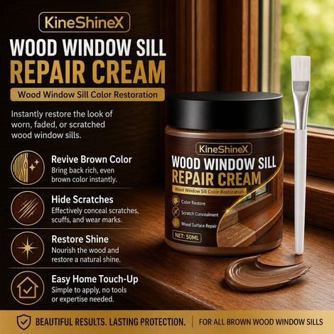 KineShineX Reparaturpaste für Holzfensterbänke: Repariert Kratzer, Abnutzungsspuren und Verblassen und stellt den Glanz der braunen Holzmaserung wieder her. (1/4)