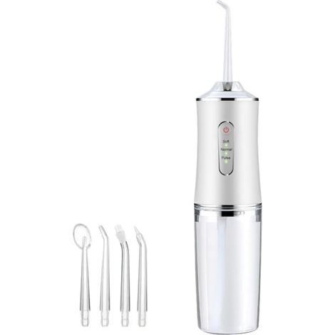 Tragbare Munddusche mit 3 Modi, weiße kabellose Munddusche, 4 Sprühaufsätze, pulsierende Technologie zur Zahnreinigung, Höhe 22,6 cm (weiß) (1/5)