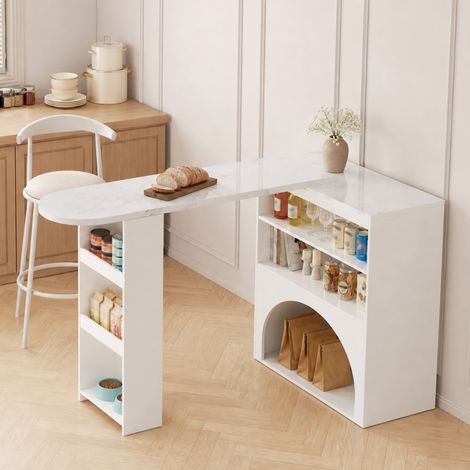 Table bar/salle à manger extensible pivotante, blanc effet marbre, 120(+80)x40x100, espace animal intégré, petit espace, design multifonction moderne (1/5)
