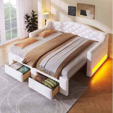 Bett Ausziehbett mit Schubladen LED 90x200 Weiß HAVRYA (1/5)