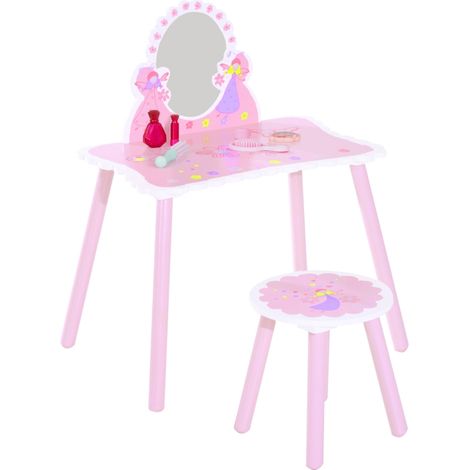 Kids Dressing Table Girls Pink Wooden Kids Dressing Table & Stool Make Up Desk Chair Toys Fairy Dresser Play Set w/Mirror