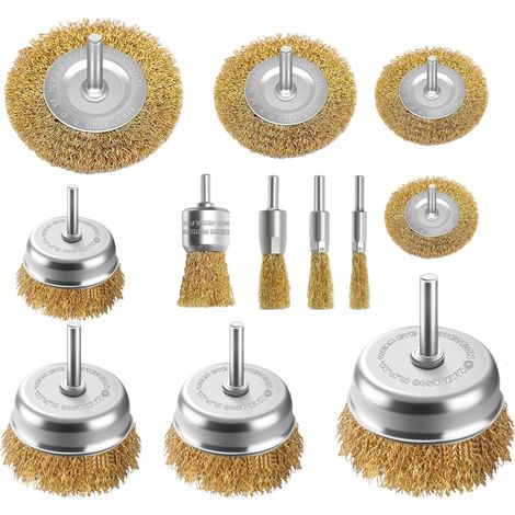 Lot de 12 Brosses Métalliques pour Perceuse et Visseuse - Kit de Brosses Boisseau et Circulaires en Acier Laitonné - Tige 1/4" - Pour Décapage, Nettoyage de Rouille Peinture (1/5)