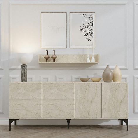 Pier Import – Buffet salle à manger moderne effet travertin 6 portes – Dimensions : 180x40x80 cm – Bois MDF mélaminé – Design contemporain (1/5)