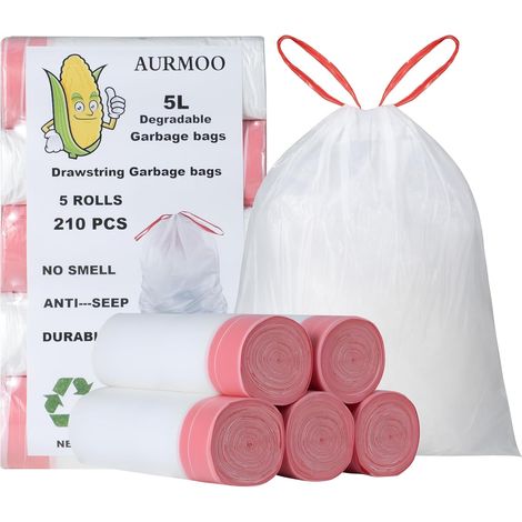 210 x 5 L Bin Liners with Drawstring Degradable Bin Liners, Kitchen Garbage Bag, Garbage Bag, Garbage Bags with Attachment Band, 32 x 35 cm (1/5)