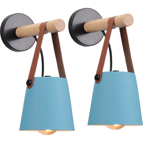 Lot de 2 Applique murale en bois naturel abat-jour suspendu ceinture e27 douille luminaire pour couloir chambre à coucher salon, bleu (sans ampoule) (1/5)