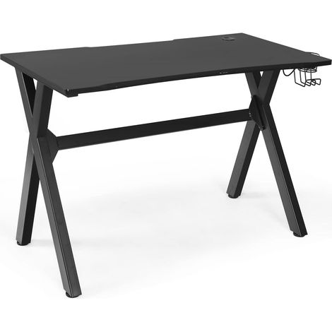 GOPLUS Bureau Gaming en Forme de X avec Pieds Réglables, Table de Jeu avec Porte-gobelet et Crochet pour Casque, Bureau de Jeu avec Trou de Câble et Support pour Manette, 115X60X76CM, Noir (1/4)