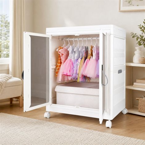 Penderie à roulettes, armoire de rangement en plastique avec tringle à vêtements, 16 cintres et panier en tissu, portes doubles transparentes avec fermeture magnétique, 54 × 34 × 64,5 cm (1/5)