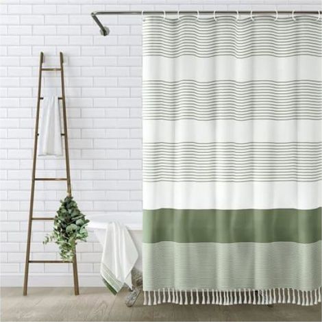 Rideau De Douche - Lin 90 Polyester 10 - Vert Sauge - Rayures Bohème Avec Pompons - 183 X 183 Cm - Pour Salle De Bain (1/4)