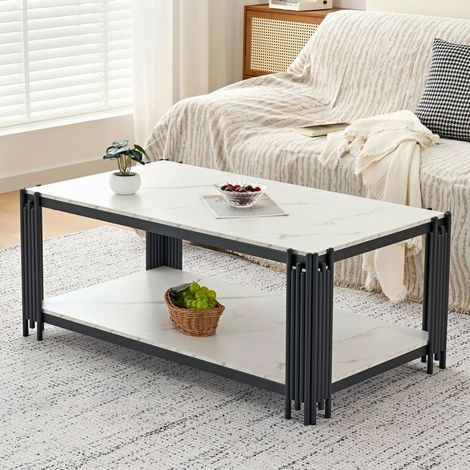 Table Basse rectangulaire pieds en métal plateau effet marbre mobilier moderne blanc-noir (1/5)