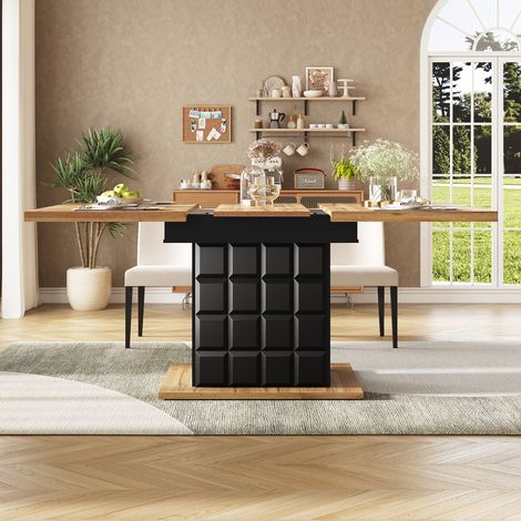 Mesa de comedor extensible 110-140/80/75 cm negra y efecto madera natural con almacenaje (1/5)