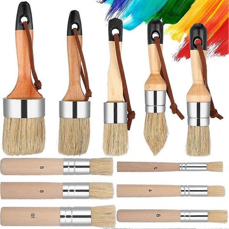 Ensemble de 11 pinceaux à pochoir à craie avec manche en bois, pour projets de peinture à la craie, meubles et loisirs créatifs. (1/5)