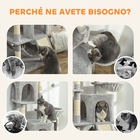 Arbre à chat avec 2 cachettes, 2 coussins, plateforme et 2 balles, 177x48x40 cm, gris clair et beige (1/5)
