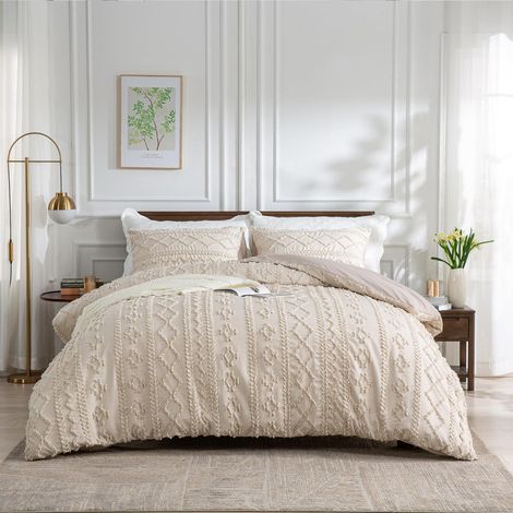 Bettwäsche 200x200cm Böhmen Beige 3tlg. Getuftet Boho Microfaser mit Reißverschluss