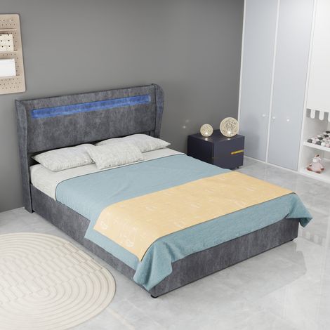 Doppelbett 140x200 cm, Stoff/Metall grau, LED-Kopfteil, stabil, ohne Matratze – MEUBLIV (1/5)
