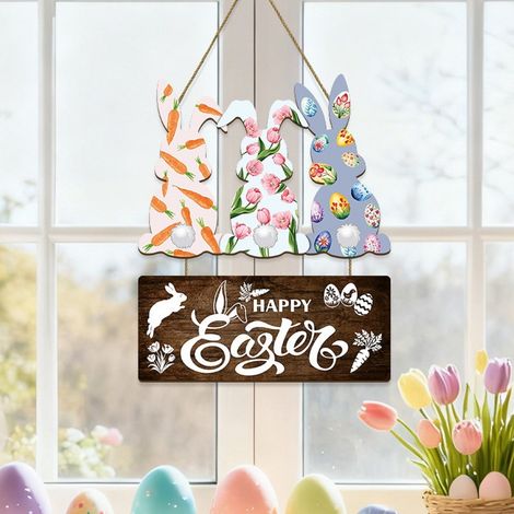 Guirlande De Pâques - Panneau En Bois Avec Lapin De Pâques Et Message Joyeuses Pâques - Décoration De Porte D'Entrée Pour Maison Café Boulangerie - 1 Pièce 33 X 29 Cm (1/5)