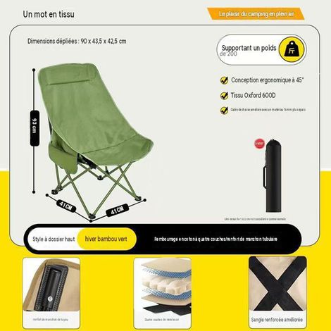 Chaise Lune Pliante Portable avec Dossier Haut – Fauteuil Extérieur pour Camping, Jardin, Pêche et Plage, Toile Droite 1 Pièce, Vert Bambou (1/5)