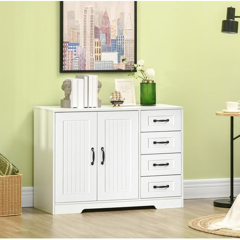 Credenza 105/40/76 cm bianca con 4 cassetti, ripiano regolabile e protezione antiribaltamento