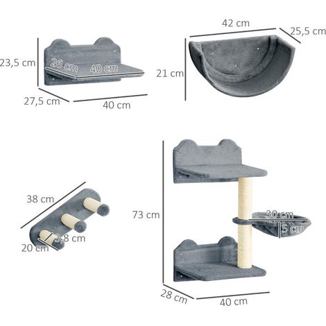 Kit escalade chat complet: mur escalade hamac griffoir plateformes, sisal peluche gris (1/5)