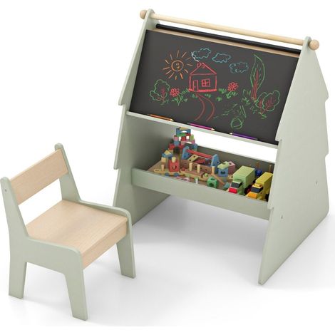 Caballete infantil 2 en 1 con silla en forma de arbol tablero de pie de doble cara con pizarra y pizarra blanca