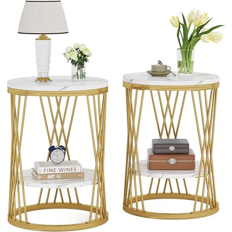 Tribesigns Runder Beistelltisch, moderner weißgoldener Beistelltisch mit Regalen, 2-stöckiger Nachttisch, schlanker Kaffee-Snack-Tisch für Sofa, Couch, Schlafzimmer, Wohnzimmer (2, Weiß und Gold) (1/5)
