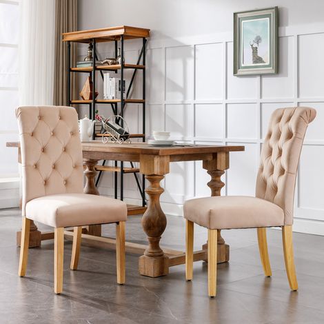 Set aus 2 Samt-Esszimmerstühlen mit Beinen aus Eiche, Knopf, Chromklopfer, Schlafzimmerstuhl, Küchenstuhl, Wohnzimmer-Freizeitstuhl, Braun
