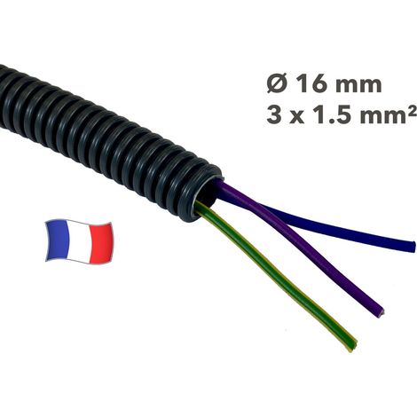 Gaine électrique préfilée 10 mètres diam 16 avec 3 fils Bleu, Vert/Jaune, Violet 1.5 mm² - PREFA ELEC
