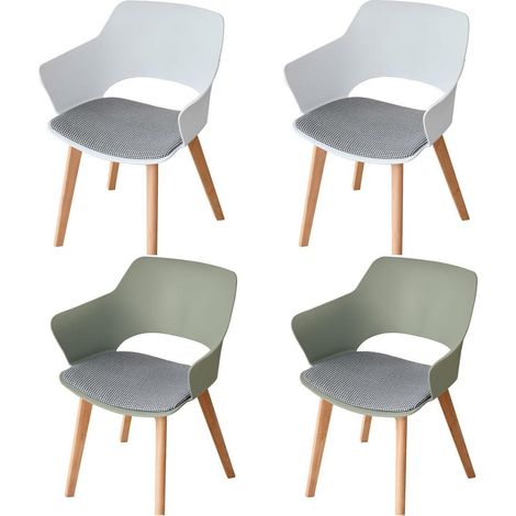 Lot de 4 chaises de salle à manger, bureau, pieds bois, design creux, accoudoirs, assise tissu, Blanc+Vert (1/5)