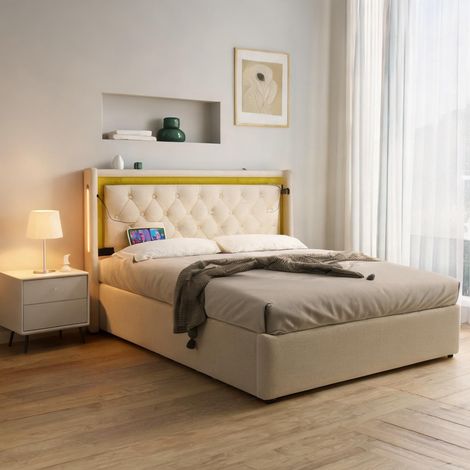 Cadre de lit beige en coton 208 x 150 x 104 cm (1/5)