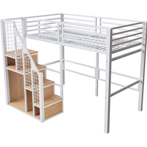 Cama alta 90x200 cm con escalera segura y almacenamiento en metal y MDF blanco (1/5)