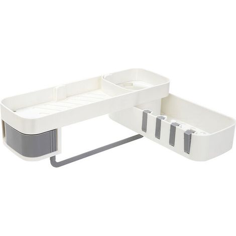 [NIEMALS VERWENDET] Eck-Duschregal, selbstklebendes Duschregal, ohne Bohren, Badezimmerregal, 180° drehbares Dusch-Eckregal mit Hakenaufhängern zur Duschaufbewahrung, Shampoo-Halter, Küchen-Organizer 