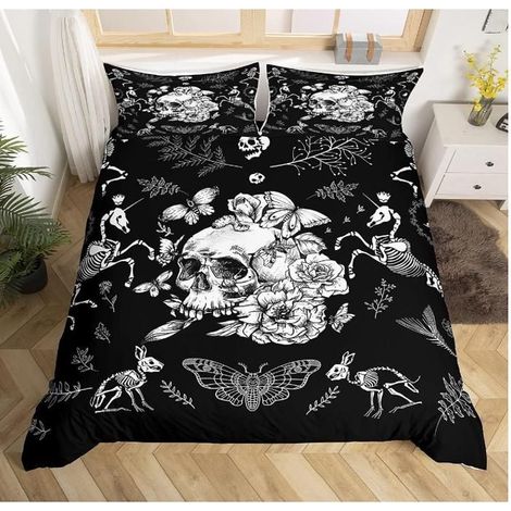 Skull Housse de Couette Halloween Moth Squelette Parure de Lit 240x260cm Ultra Doux Personnalisé Gothique Os Parure - OF3 (1/4)