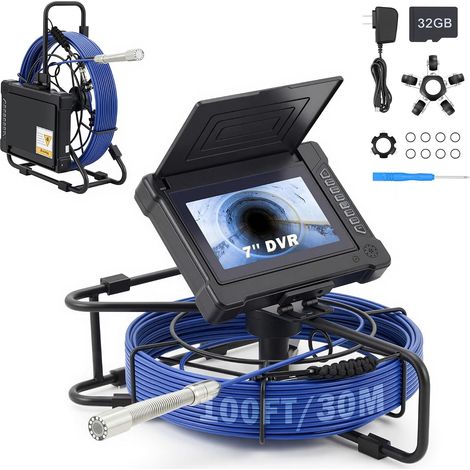 Camera Endoscopique avec 7" LCD Écran 12 LED Lumières Câble 30m 32GB Card, Caméra d’Inspection Canalisation Étanche IP68, Caméra d’Égout Endoscope (1/5)