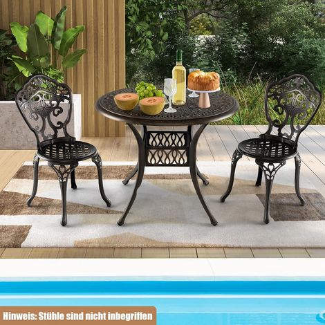 COSTWAY Gartentisch mit Schirmloch, runder Balkontisch aus Aluminiumguss, wetterfester Terrassentisch für Garten, antike Optik, 90 x 90 x 74 cm