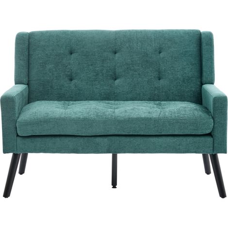 Divano a 2 posti in lino verde retro con gambe in legno e cuscino in schiuma ad alta densità (1/5)