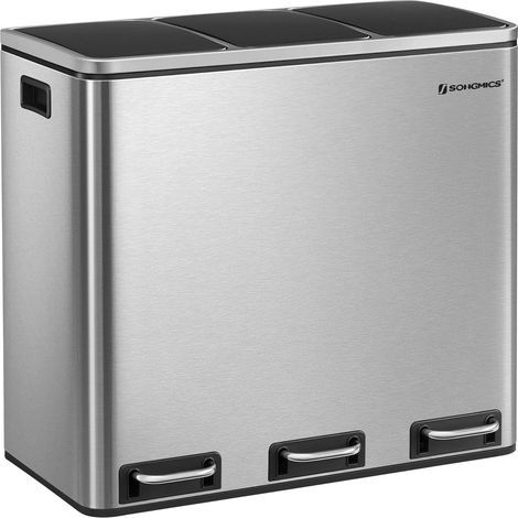 Songmics – Poubelle à pédale 3 compartiments 3 x 18L – Corps inox résistant aux chocs – Couvercle à fermeture douce – Idéale pour tri des déchets